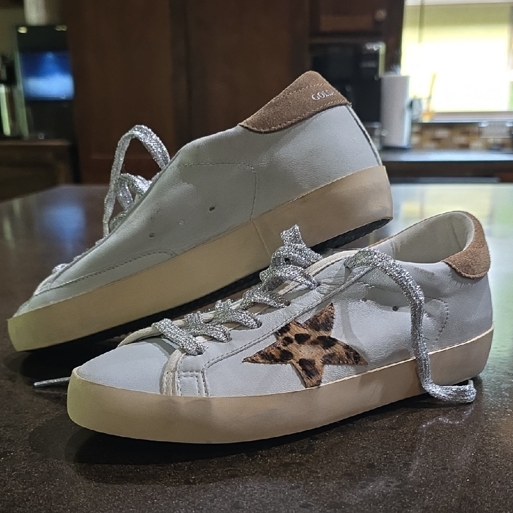 Golden Goose Gray Sneakers with Leopard Accent and Silver Details